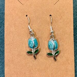Silver-Tone Turquoise Rose Drop Earrings - Unbranded